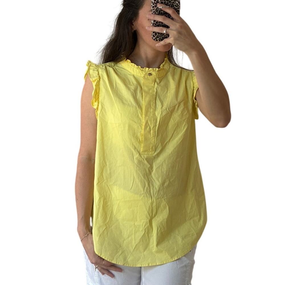 DKNY Yellow Ruffle Trim Mandarin Collar Henley Blouse Size S